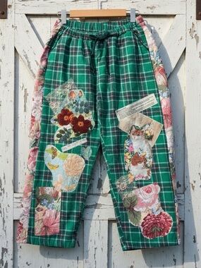 Patchwork Flannel Upcycled Boho Pants Floral Cat Lace Patches Elastic Waist